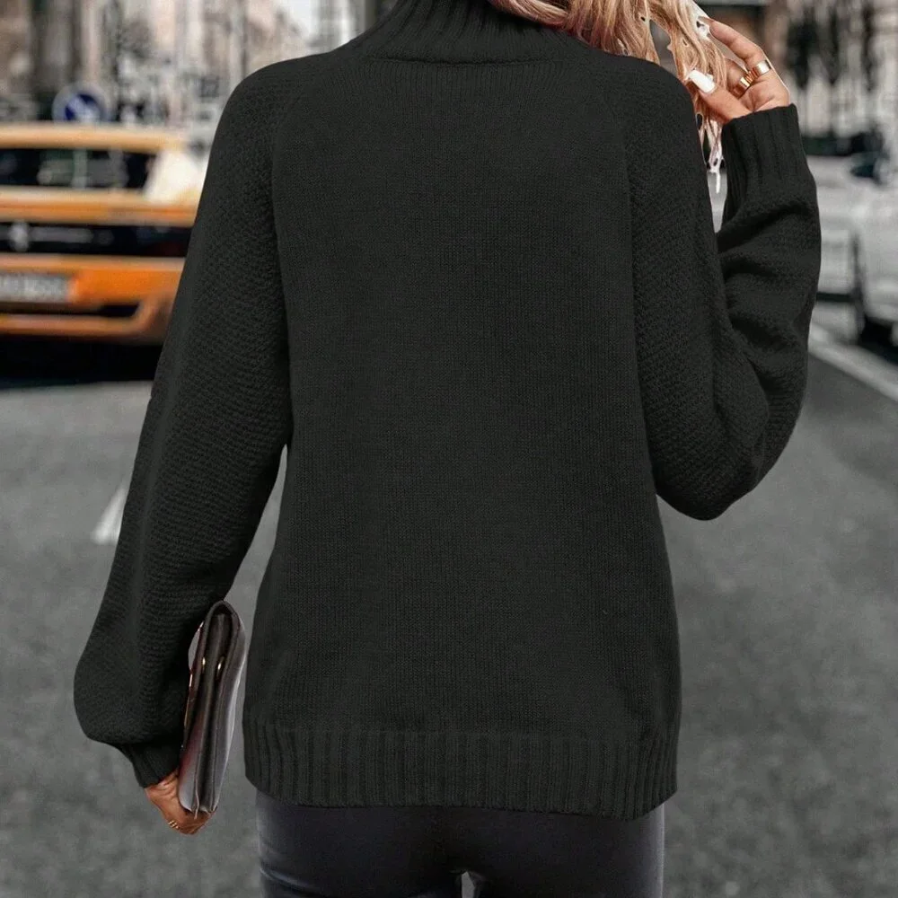 Black Casual Women's Turtleneck Raglan Sleeve Sweater